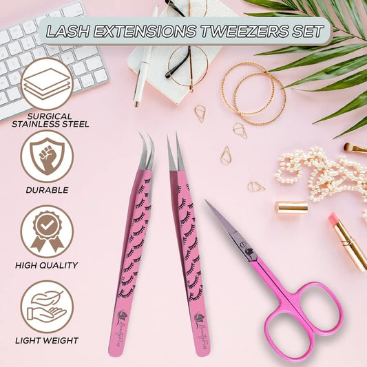 Lash Tweezers For Eyelash Extensions -Tweezer Set Straight & Curved Tweezers With Eyebrows Scissor - 3 Pieces Lash Extension Kit Stainless Steel (Lash Printed)