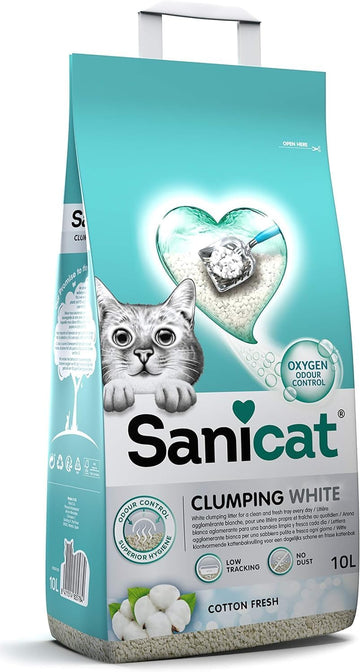 Sanicat - White - Cotton Fresh Ultra Clumping cat litter | Made of natural minerals with guaranteed odour control | Absorbs moisture and makes cleaning easier | 10 L capacity?PSANCLWCV10L