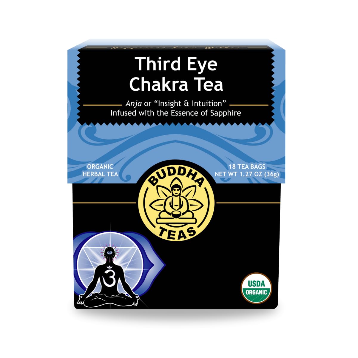 Buddha Teas - Third Eye Chakra Tea - Organic Herbal Tea - For Insight & Intuition - With Eyebright, Spearmint, Star Anise & Sapphire Essence - 100% Kosher & Non-Gmo - 18 Tea Bags (Pack Of 1)