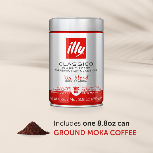 illy Ground Coffee Moka - 100% Arabica Flavored Coffee Ground - Rich Aromatic Coffee Grounds Profile – Classico Medium Roast - Notes of Caramel, Orange Blossom & Jasmine - No Preservatives – 8.8 Ounce