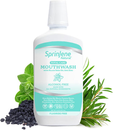 Sprinjene Fluoride Free Mouthwash Alcohol Free for Fresh Breath, Gum Health, Dry Mouth & Whitening Teeth with Black Seed Oil & Zinc - SLS Free, Toxic Free Vegan, Gluten Free, Kosher, Halal (Natural)