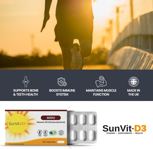Sunvit-D3 Vitamin D 800Iu Capsules - Vitamin D3 Cholecalciferol Capsules Support The Maintenance Of Bone, Teeth, Muscle & Immune System | Made In Uk & Gmp Approved - D3 Vitamins 28 Convenient Capsules