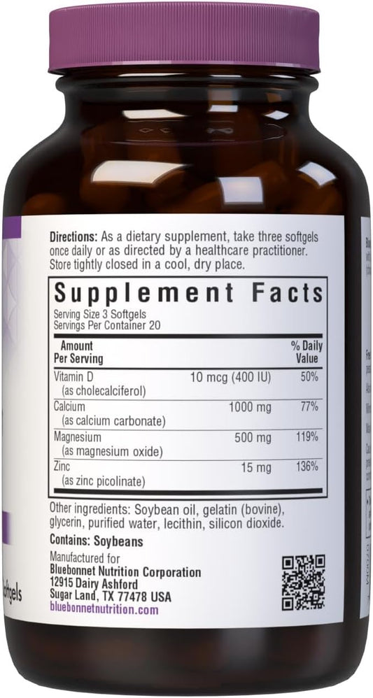 Bluebonnet Nutrition Calcium Magnesium Zinc Plus Vitamin D3, 1000 Mg Of Calcium, 500 Mg Of Magnesium And 15 Mg Of Zinc, 400Iu Vitamin D3, For Strong Healthy Bones*, Gluten-Free, Dairy-Fee, 120 Softgel