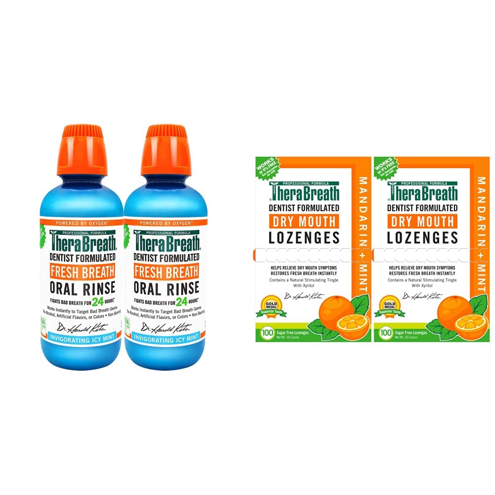 TheraBreath Fresh Breath Oral Rinse, ICY Mint, 16 Ounce Bottle (Pack of 2) and Dry Mouth Lozenges with Zinc, Mandarin Mint, 100 Lozenges (Pack of 2)