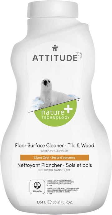 ATTITUDE Floor Surface Cleaner for Tile and Wood, EWG Verified, Streak-Free, Vegan and Cruelty-free Household Cleaning Products, Citrus Zest, 35.2 Fl Oz