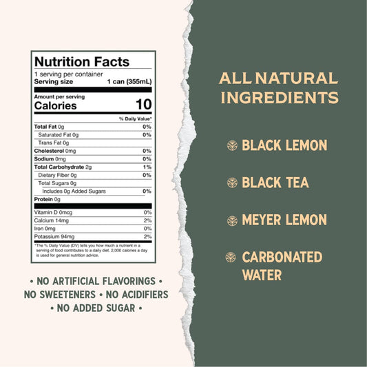 Rishi Tea Black Lemon Sparkling Botanicals Sparkling Water - Organic, Unsweetened, Zero Added Sugar, Caffeinated, Craft-Brewed From Real Plants - 12 Oz (Pack Of 12)