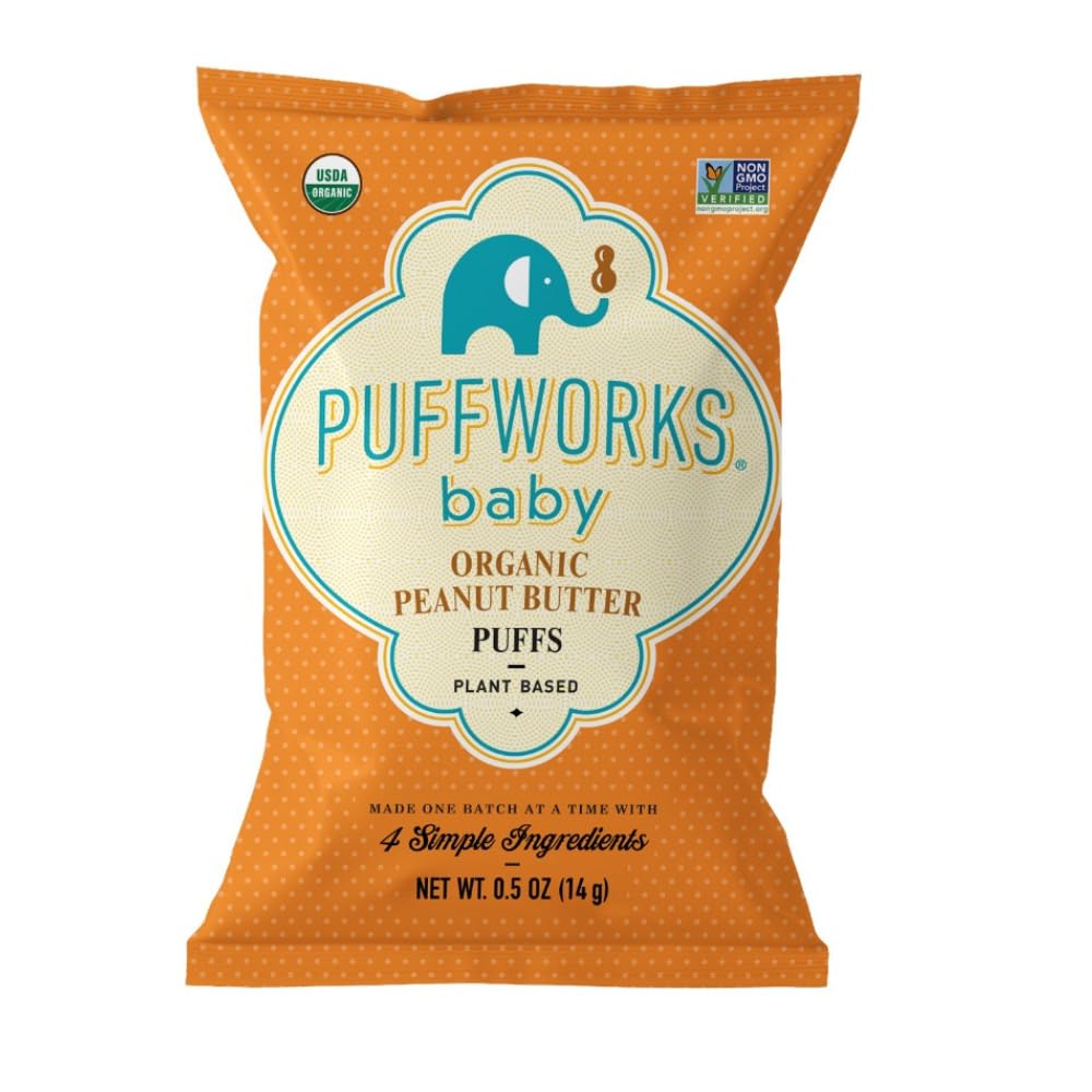 Puffworks Baby Organic Peanut Butter Puffs, Perfect for Early Peanut Introduction, Plant-Based Protein, USDA Organic, Gluten-Free, Vegan, Non-GMO, Kosher, 0.5 Ounce (Pack of 12)