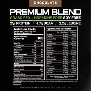 Muscle Feast Premium Blend All Natural Hormone Free Grass-Fed Whey Protein Powder, Chocolate, 5Lb