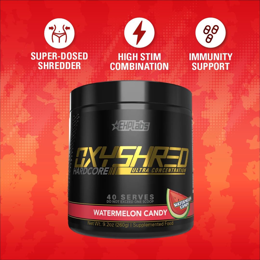 EHPlabs OxyShred Hardcore Pre Workout Powder for Shredding - Preworkout Powder with L Glutamine & Acetyl L Carnitine, Energy Boost Drink - 275mg of Caffeine - Watermelon Candy, 40 Servings