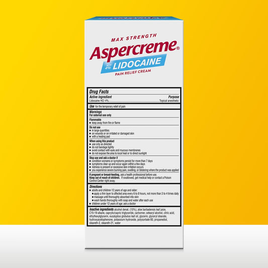 Aspercreme Essential Oils Lidocaine Pain Relief Cream, Max-Strength Lidocaine Numbs Away Nerve Pain, Moisturizing Aloe Hydrates Skin, Eucalyptus, 3 Oz
