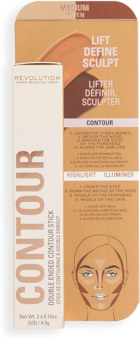 Makeup Revolution Contour Stick Duo Cream Contour & Highlight, Defines Cheekbones & Sculpts The Face, Vegan & Cruelty-Free, Dark, 2.4G