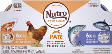 Nutro Grain Free Natural Wet Cat Food Paté Salmon & Tuna Recipe And Chicken & Shrimp Recipe Variety Pack, 2.64 Oz. Perfect Portions Twin-Pack Trays, Pack Of 2 (24 Trays, 48 Servings)