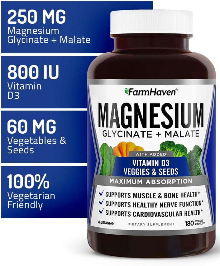 FarmHaven Magnesium Glycinate & Malate Complex w/Vitamin D3, 100% Chelated for Max Absorption, Vegetarian – Bone Health, Nerves, Muscles, 180 Capsules, 90 Days : Health & Household