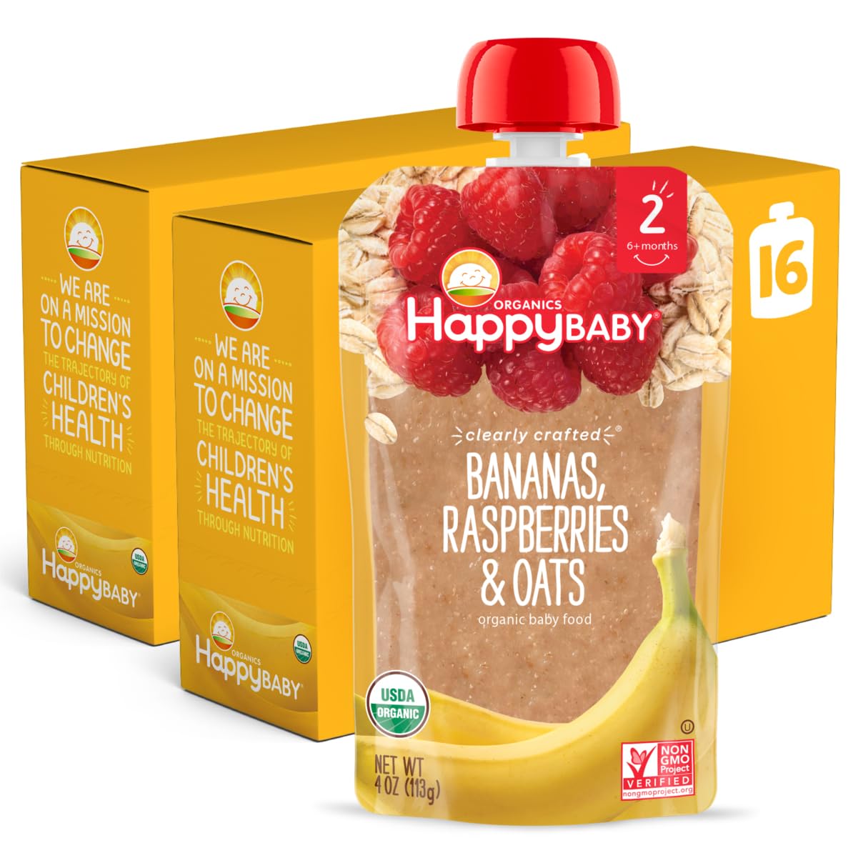 Happy Baby Organics Clearly Crafted Stage 2 Baby Food, Bananas, Raspberries & Oats, 4 Ounce Pouch (Pack Of 16) Packaging May Vary