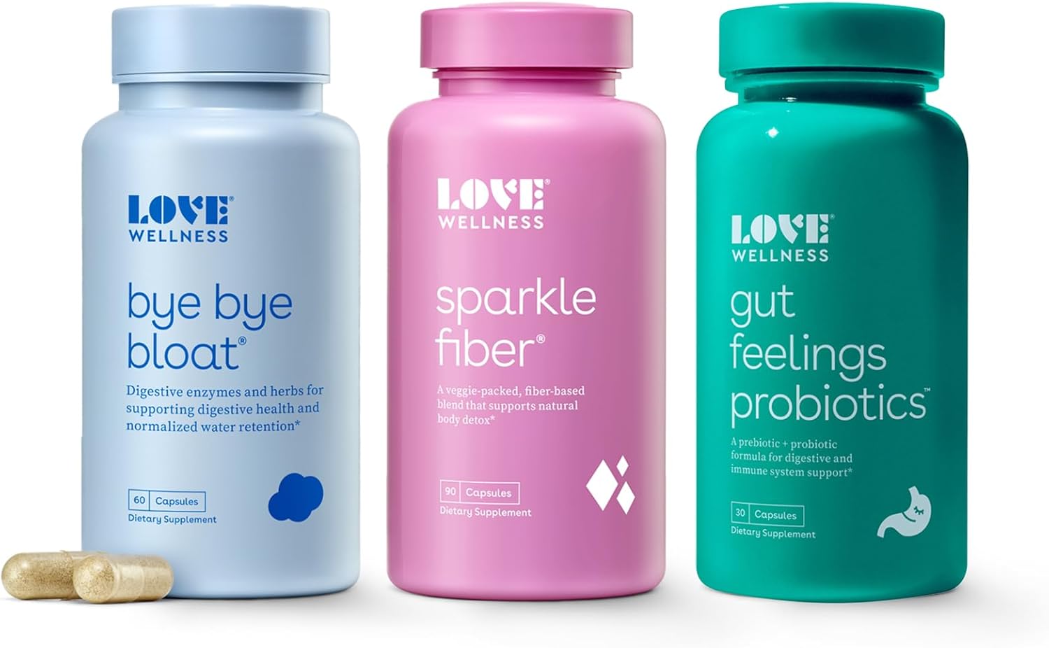 Love Wellness Bloating Kit, Bye Bye Bloat, Sparkle Fiber Pills & Gut Feeling Probiotics | Digestive Enzymes Supplement For Gas Relief, Overall Digestive Health, Immune Support & Weight Management