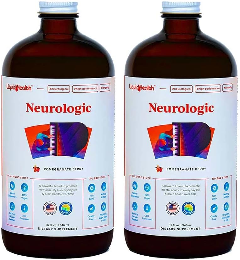 Liquidhealth Brain Booster Neurologic Liquid Vitamins Memory Focus Concentration Support For Adults, Learning Healthy Cognitive Alertness Multivitamins Brain Food 32 Fl Oz (2 Pack)