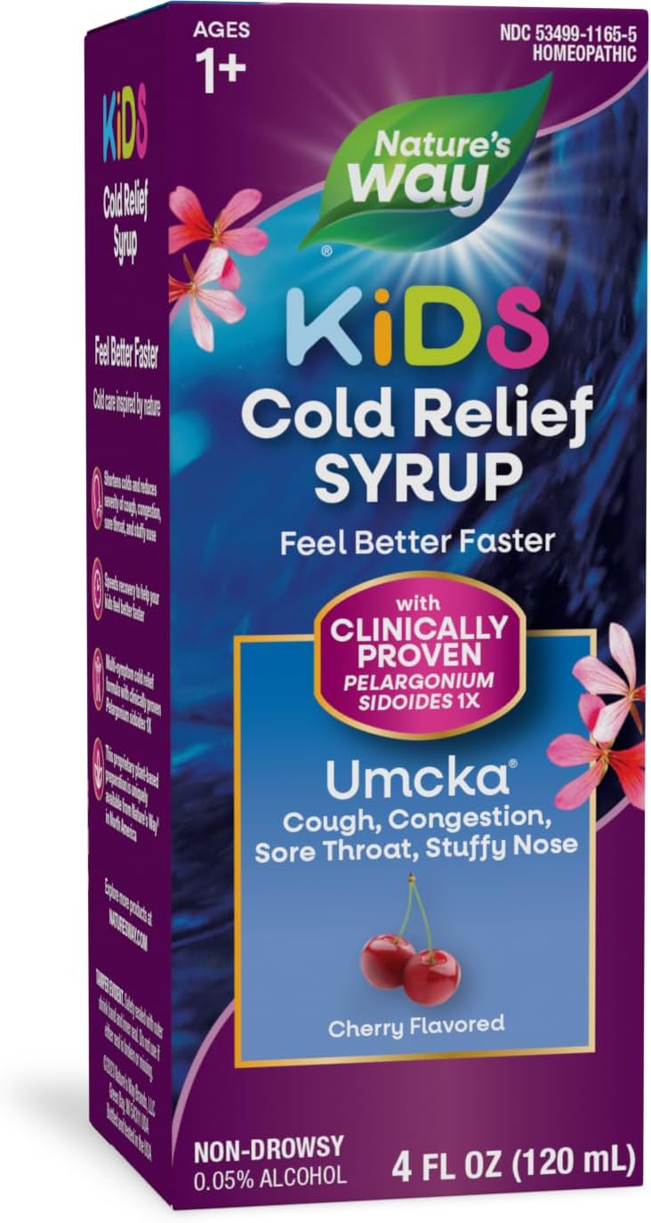Nature'S Way Cold Relief Syrup For Kids 1+, Umcka, Shortens Duration & Reduces Severity, Multi-Symptom Cold Relief, Homeopathic, Phenylephrine Free, Cherry Flavored, 4 Fl Oz (Packaging May Vary)