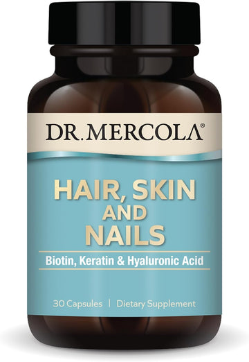 Dr. Mercola Hair, Skin And Nails, 30 Servings (30 Capsules), With Biotin, Keratin & Hyaluronic Acid, Dietary Supplement, Promotes Youthful Appearance, Non-Gmo