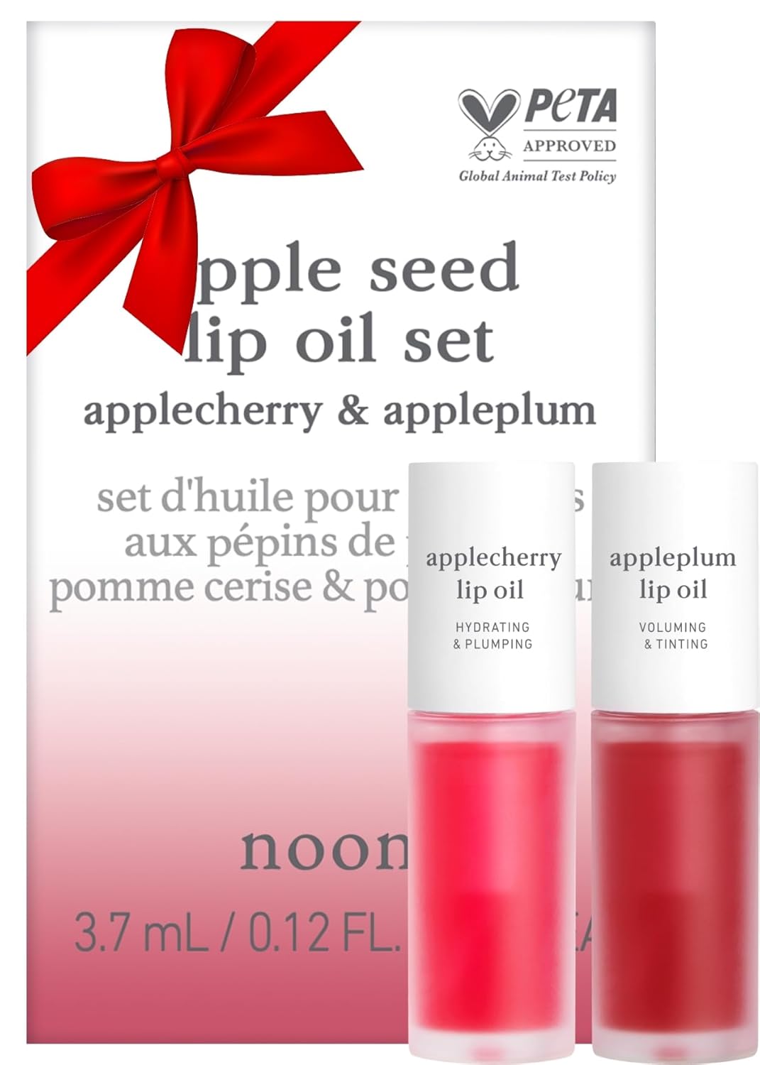 Nooni Vegan Appleseed Lip Oil Set - Applecherry & Appleplum | Lip Stain With Apple Seed Oil, Long-Lasting, Lip Plumping, Gift Sets, For Chapped Flaky Lips, Valentine Day Gifts, 0.12 Fl Oz X 2 Ea