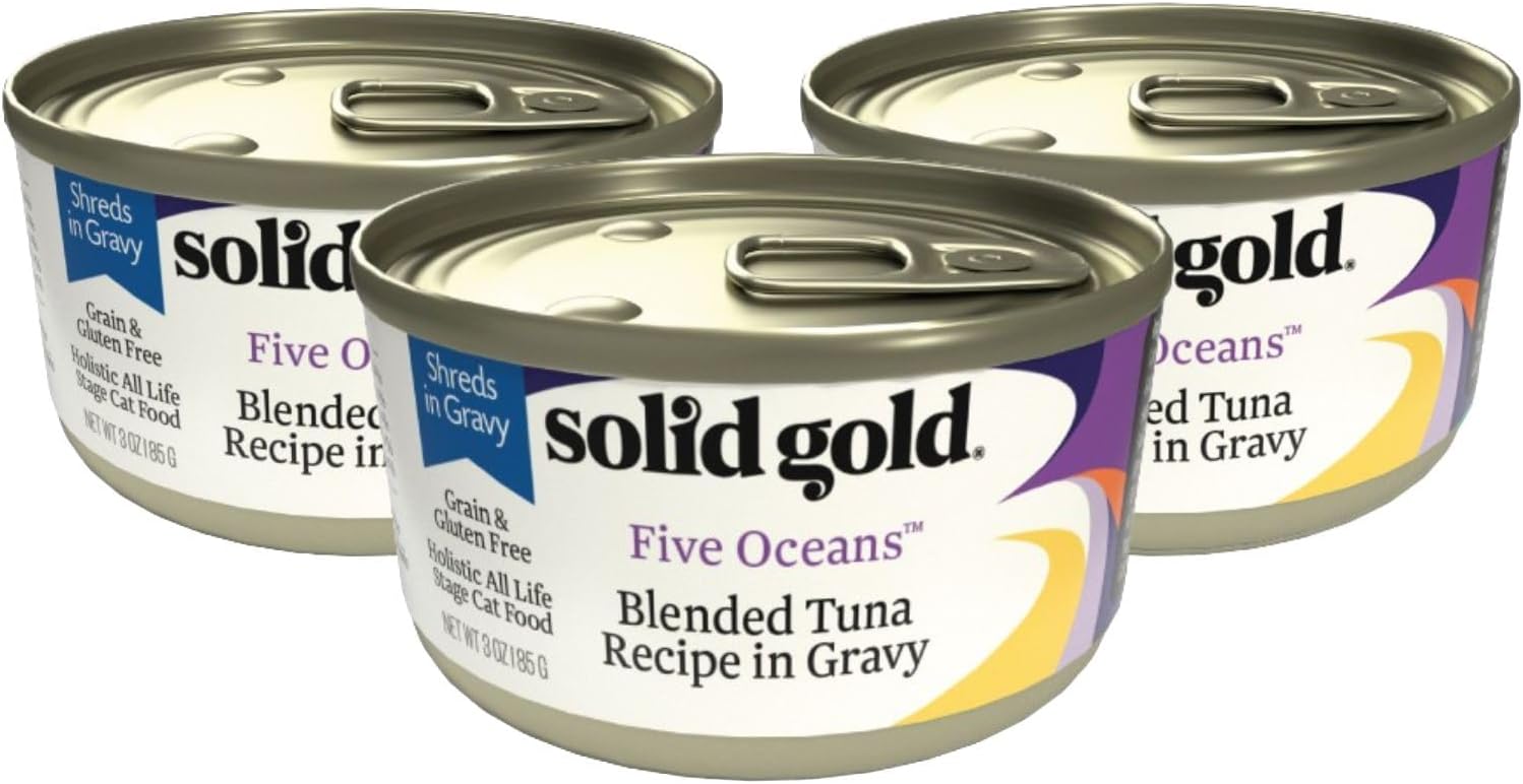 Solid Gold Wet Cat Food Shreds In Gravy Five Oceans 3 Count Sample Pack - Canned Cat Food Made W/Real Tuna For Cats Of All Ages - Grain Free Cat Wet Food For Sensitive Stomach