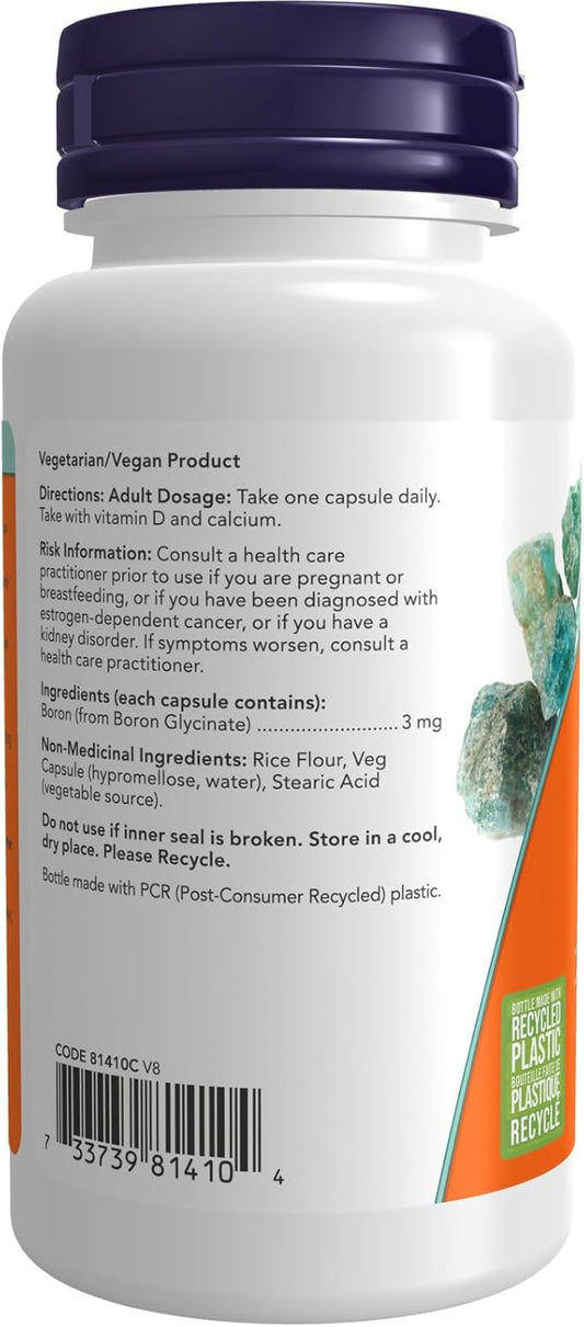 Now Foods Supplements, Boron 3 Mg (Bororganic Glycine), Structural Support*, 100 Veg Capsules