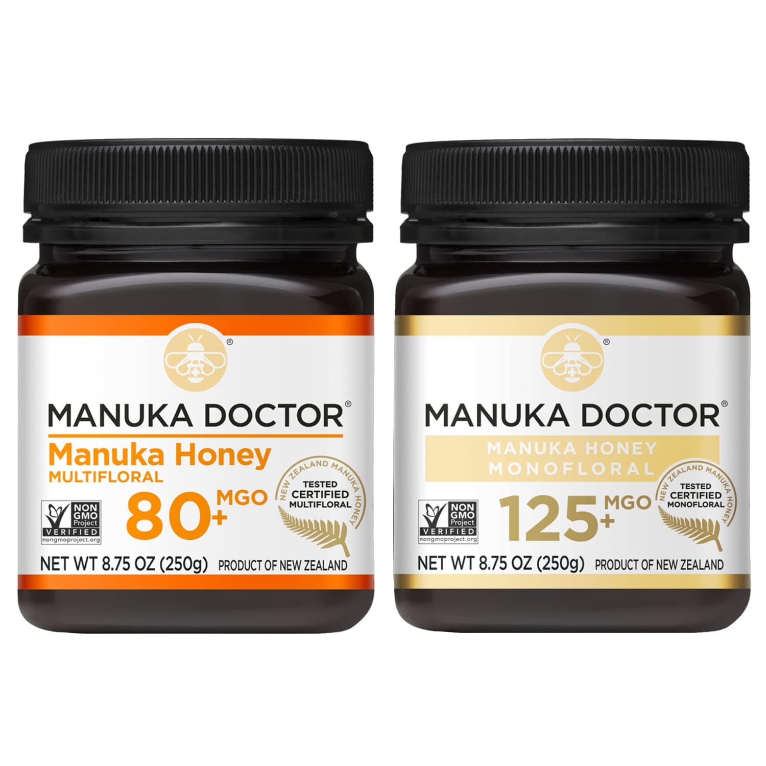 Manuka Doctor - Manuka Honey Mgo 80+ Multifloral & Mgo 125+ Monofloral Value Bundle, 100% Pure New Zealand Honey. Certified. Guaranteed. Raw. Non-Gmo, 2 X 8.75Oz Pots