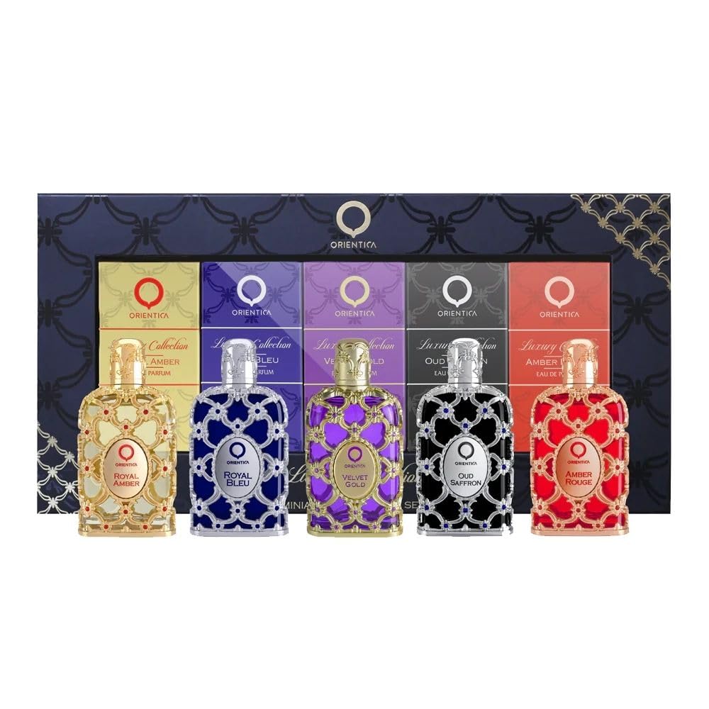 Orientica Luxury Collection Mini Perfume Gift Set For Men & Women, 5-Piece Discovery Set With Amber Rouge, Royal Amber, Oud Saffron, Velvet Gold & Royal Bleu, Unisex Fragrances For Every Occasion
