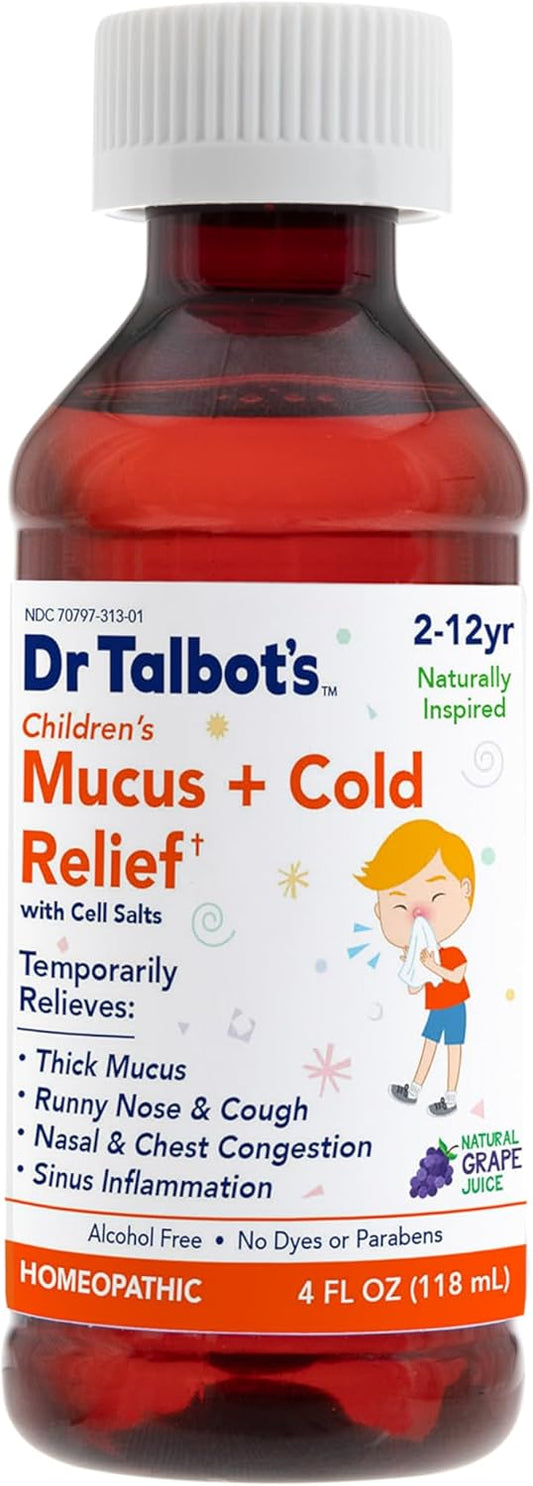 Dr. Talbot'S Mucus + Cold Relief Liquid Medicine, Naturally Inspired, For Children, Includes Dosage Cup, Natural Grape Juice Flavor, 4 Fl Oz