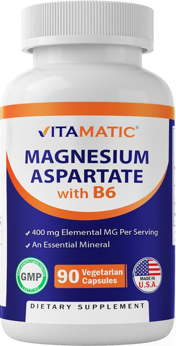 Vitamatic Magnesium Aspartate 400mg per Serving - 90 Vegetarian Capsules - Added B6 for Maximum Absorption - Supports Muscle, Joint, and Heart Health