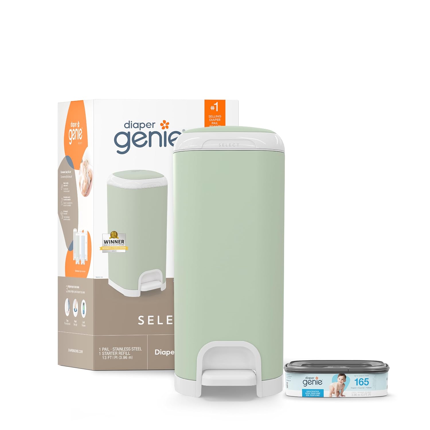 Diaper Genie Select Pail (Green) Is Made Of Durable Stainless Steel And Includes 1 Starter Square Refill That Can Hold Up To 165 Newborn-Sized Diapers