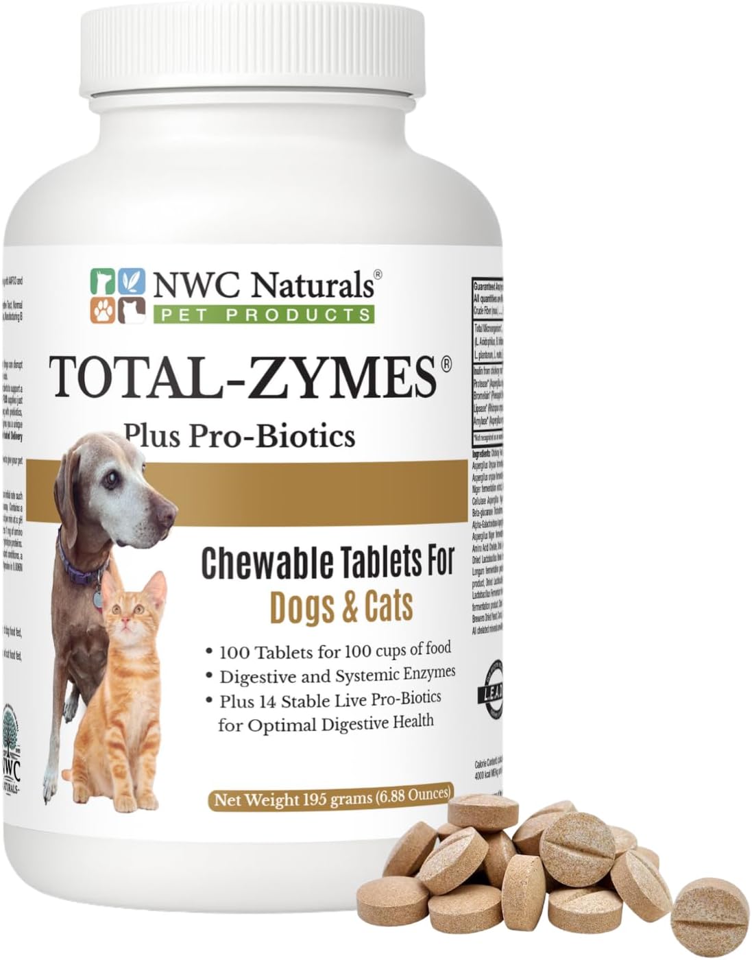 Nwc Naturals Total-Zymes Plus Vegetarian Digestive Enzymes For Dogs & Cats, Supports A Healthy Digestive Tract & Immune System, Advanced Probiotics & Prebiotics- 100 Chewable Tablets