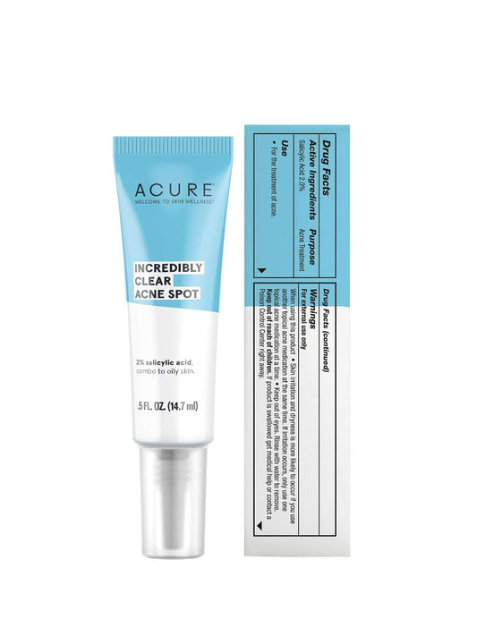 ACURE Incredibly Clear Acne Spot - Pimple Remover Treatment Cream with 2% Salicylic Acid - Target Blemishes & Stop Breakout - Reduce Redness, Draw Out Clog Pores - Combo for Oily Skin - Vegan - 0.5 Oz : Beauty & Personal Care