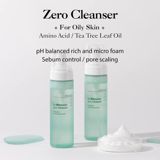 Dr.Different Zero Cleanser For Oily Skin - Sebum Control And Soothing For Acne Prone Skin, Hypoallergenic Ph 5.5 Face Bubble Foaming Cleanser With Tea Tree Oil, 6.76 Fl.Oz