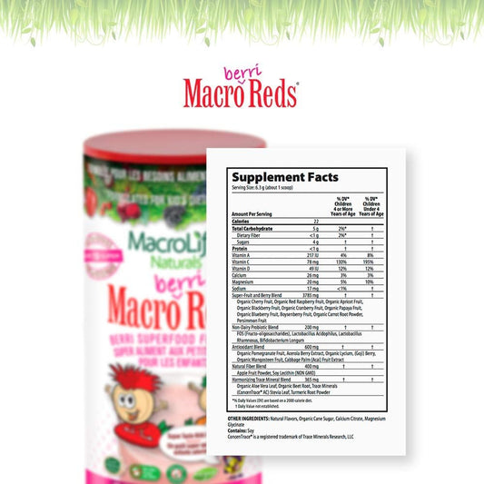 Macrolife Naturals Macro Berri Reds Multivitamin Drink Mix For Kids  All Natural W/ 1 Billion Probiotics & Enzymes To Aid Digestion & Support Immune System - Gluten Free & Vegan Ingredients