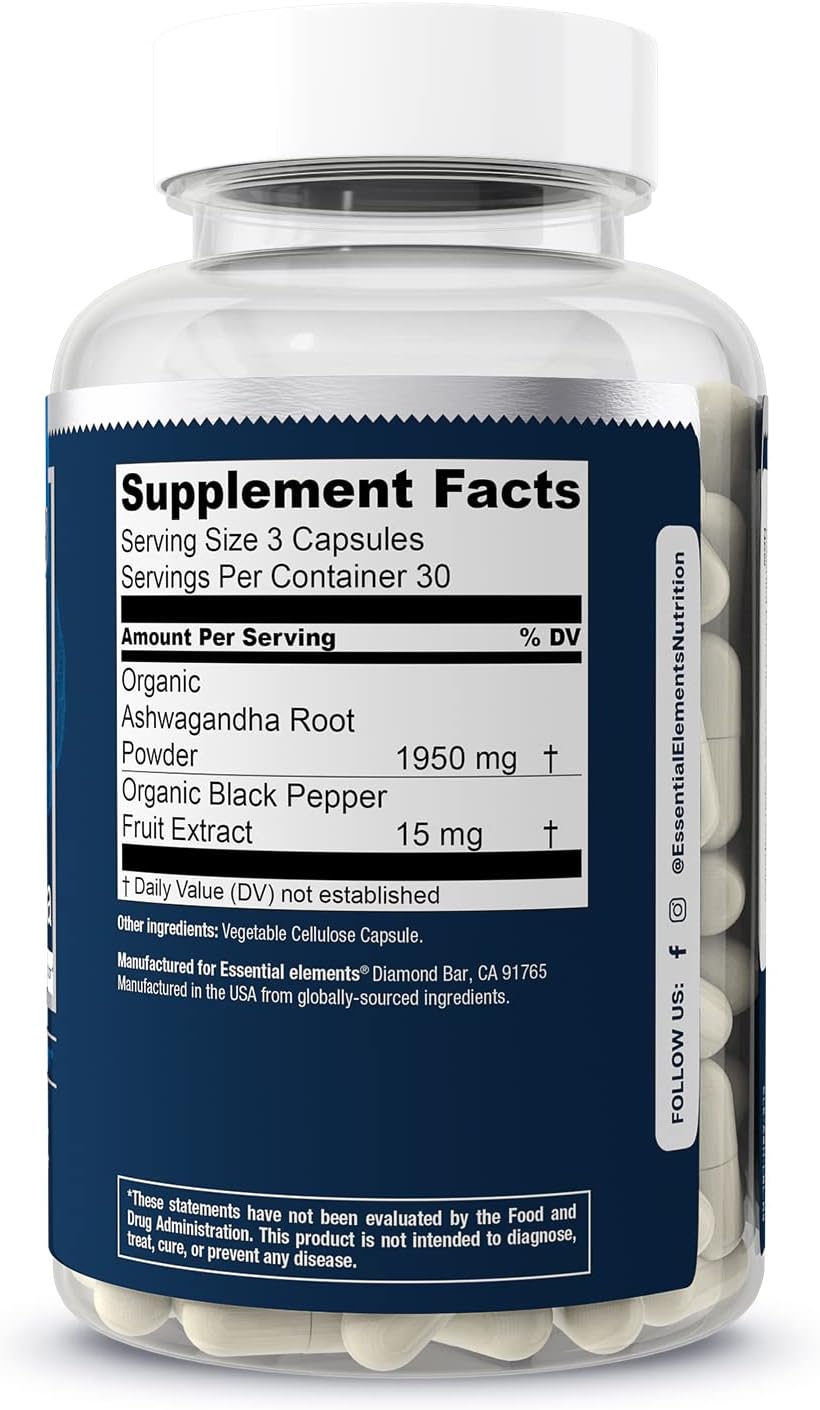 Essential Elements Ashwagandha Root 1950mg with Black Pepper Extract for Absorption 90 Vegan Capsules : Health & Household