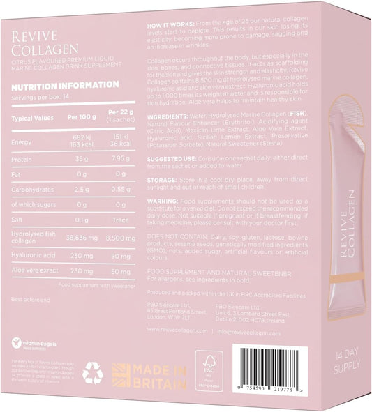 Revive Collagen Premium 8,500Mg Hydrolysed Marine Collagen Drink With Added Hyaluronic Acid & Aloe Vera For Healthy Skin, Hair, Nails & Joints | Lemon & Lime | 14 X Sachets (Eco Pack)