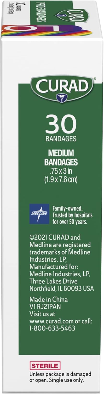 CURAD Pride Bandages, 2 Designs, Plastic, Standard Bandages are .75" x 3", 30 Count (4 Pack) : Health & Household