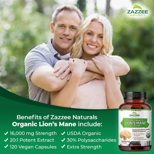 Zazzee Usda Organic Lion'S Mane 20:1 Extract, 16,000 Mg Strength, 30% Polysaccharides, 120 Vegan Capsules, 60 Day Supply, Standardized And Concentrated 20X Extract, All-Natural And Non-Gmo