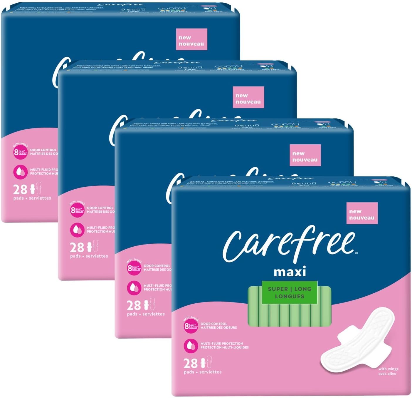 Carefree Maxi Pads For Women, Super/Long Pads With Wings, 112Ct (4 Packs Of 28Ct) | Carefree Pads, Feminine Care, Period Pads & Postpartum Pads | 112Ct (4 Packs Of 28Ct)