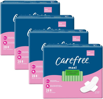 Carefree Maxi Pads For Women, Super/Long Pads With Wings, 112Ct (4 Packs Of 28Ct) | Carefree Pads, Feminine Care, Period Pads & Postpartum Pads | 112Ct (4 Packs Of 28Ct)