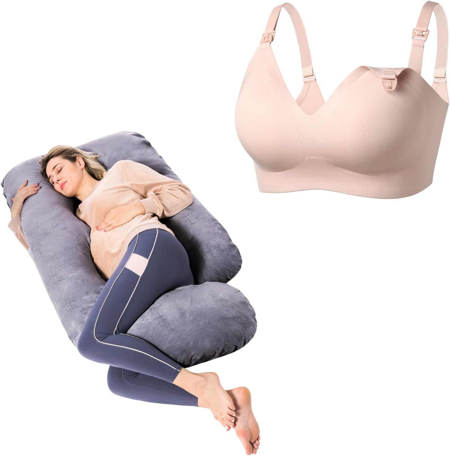 Momcozy Nursing Bras Beige Large, Pregnancy Pillows U Shaped Full Body Maternity Pillow With Removable Cover