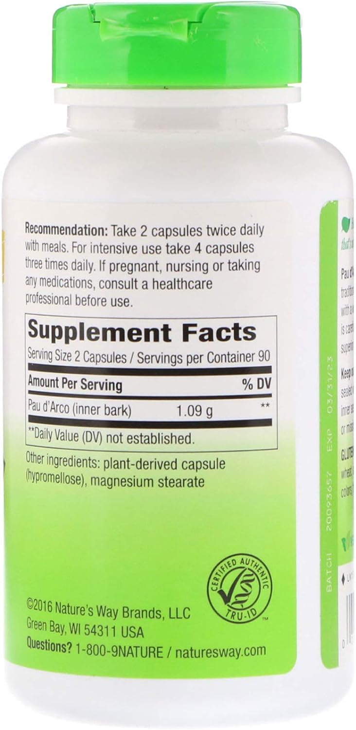Nature's Way Premium Herbal Pau d’Arco Inner Bark 545 mg per Capsule, 180 Vcaps, Pack of 4 : Health & Household