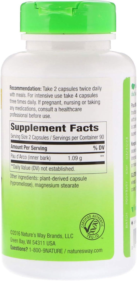 Nature's Way Premium Herbal Pau d’Arco Inner Bark 545 mg per Capsule, 180 Vcaps, Pack of 4 : Health & Household