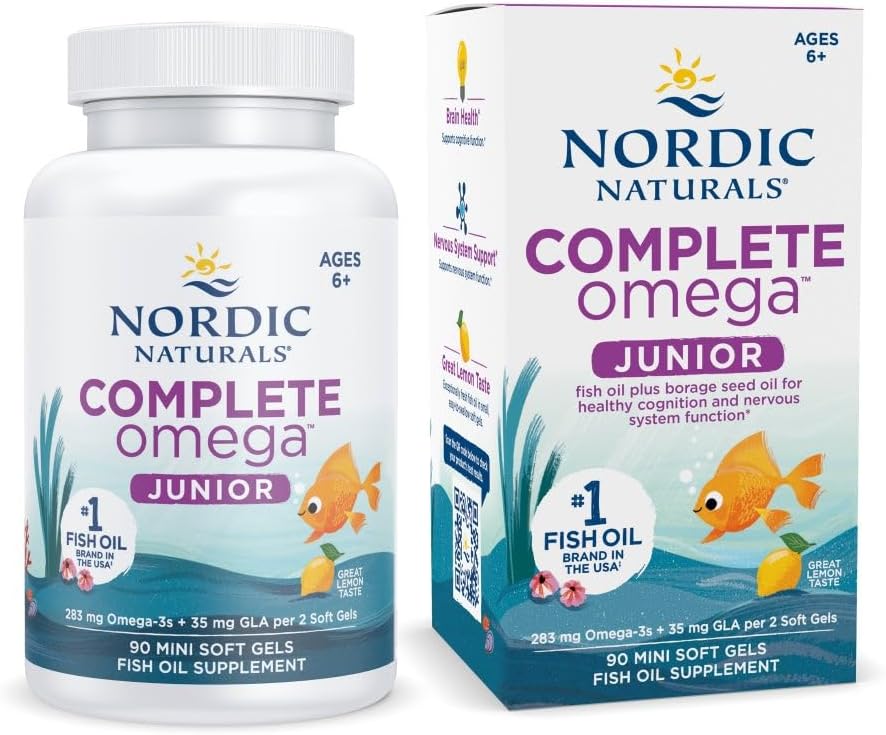 Nordic Naturals Complete Omega Jr., Lemon - 90 Mini Soft Gels - 283 mg Total Omega-3s & 35 mg GLA - Healthy Cognition, Nervous System Function - Non-GMO - 45 Servings