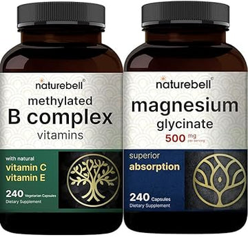 Naturebell Magnesium Glycinate Capsules 500Mg & Vitamin B Complex For Women 240 Veggie Capsules Bundle Pack | Chelated & Purified Mineral | Immune, Energy & Prenatal Support