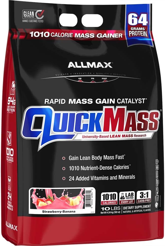 Allmax Quickmass, Strawberry Banana - 10 Lb - Rapid Mass Gain Catalyst - Up To 64 Grams Of Protein Per Serving - 3:1 Carb To Protein Ratio - Zero Trans Fat - Up To 70 Servings