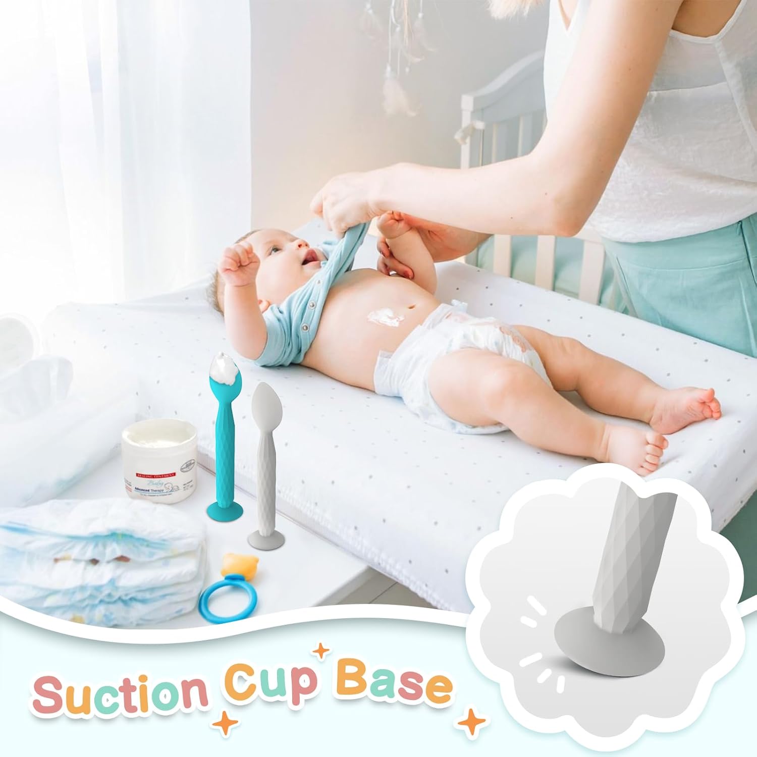 Youngso Diaper Cream Spatula - Diaper Cream Applicator With Suction Cup Base - Hygienic And Easy To Clean -Butt Spatula For Baby Essentials -Baby Shower Gifts - 2 Pack, Blue & Gray