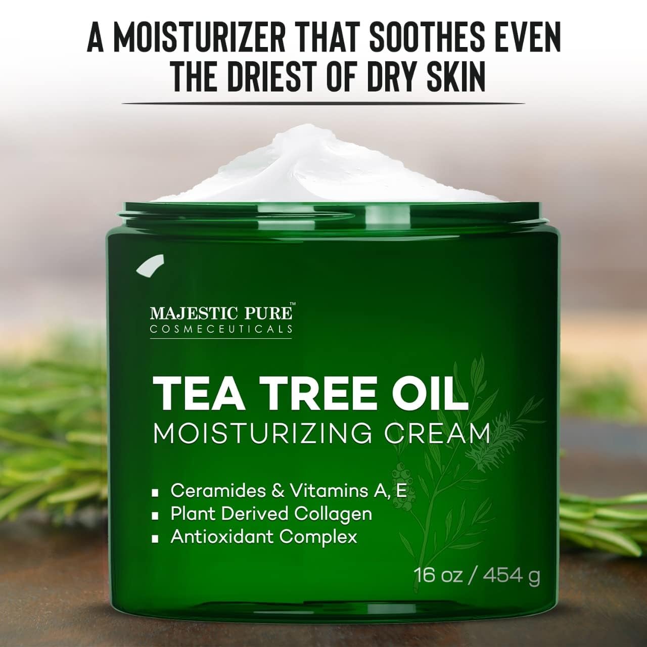 MAJESTIC PURE Tea Tree Oil Moisturizing Cream - Body, Foot & Face Moisturizer - With Ceramides, Vitamins A E & Vegan Collagen - For Dry Skin, Oily Skin, & Appearance Of Wrinkles - 16 oz : Beauty & Personal Care