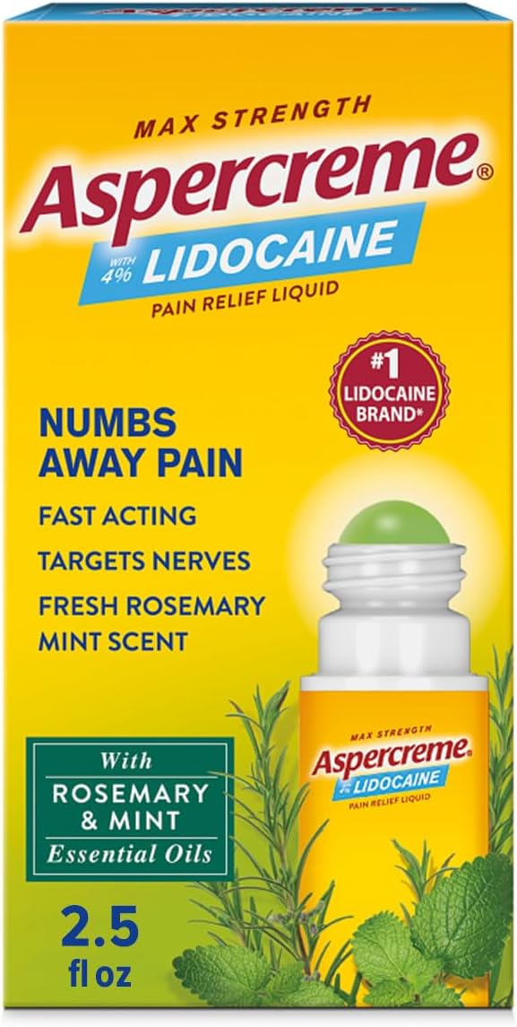 Aspercreme Essential Oils Lidocaine Pain Relief with Rosemary & Mint, Roll-On No Mess Applicator, 2.5 oz