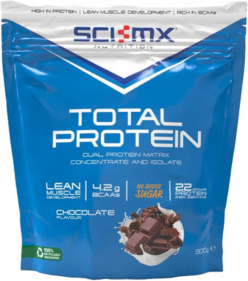 Sci-Mx Total Protein - Dual Concentrate & Isolate Powder - Lean Muscle Development - Chocolate • No Added Sugar • 4.2G Bcaas • 900G